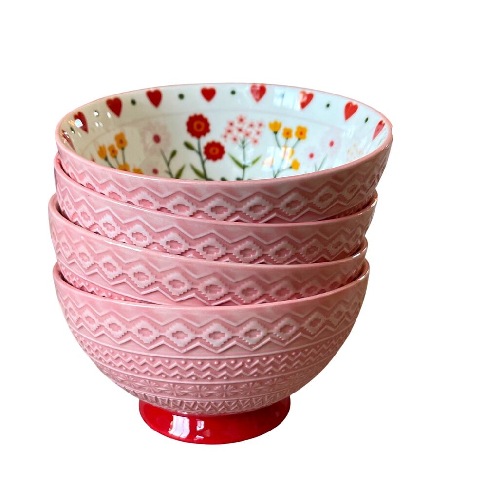Potter's Studio Valentine Heart Floral Embossed Bowls 5.25in Pink Set of 4 NEW